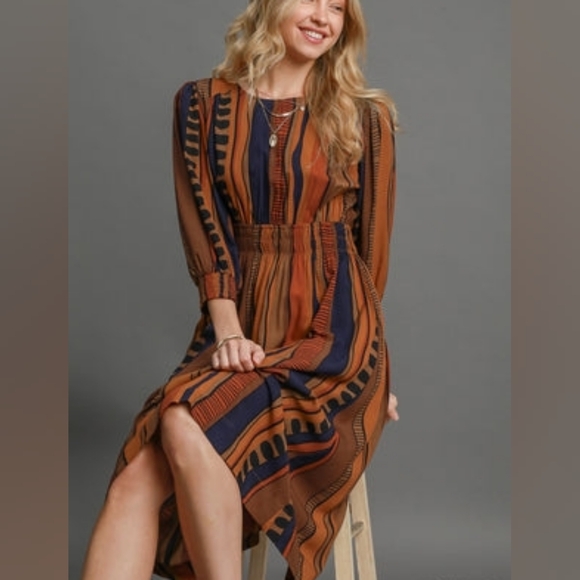 Western Boho Midi Dress Rust Stripe | Anthropologie Style Desert Boho | Umgee - Picture 2 of 6